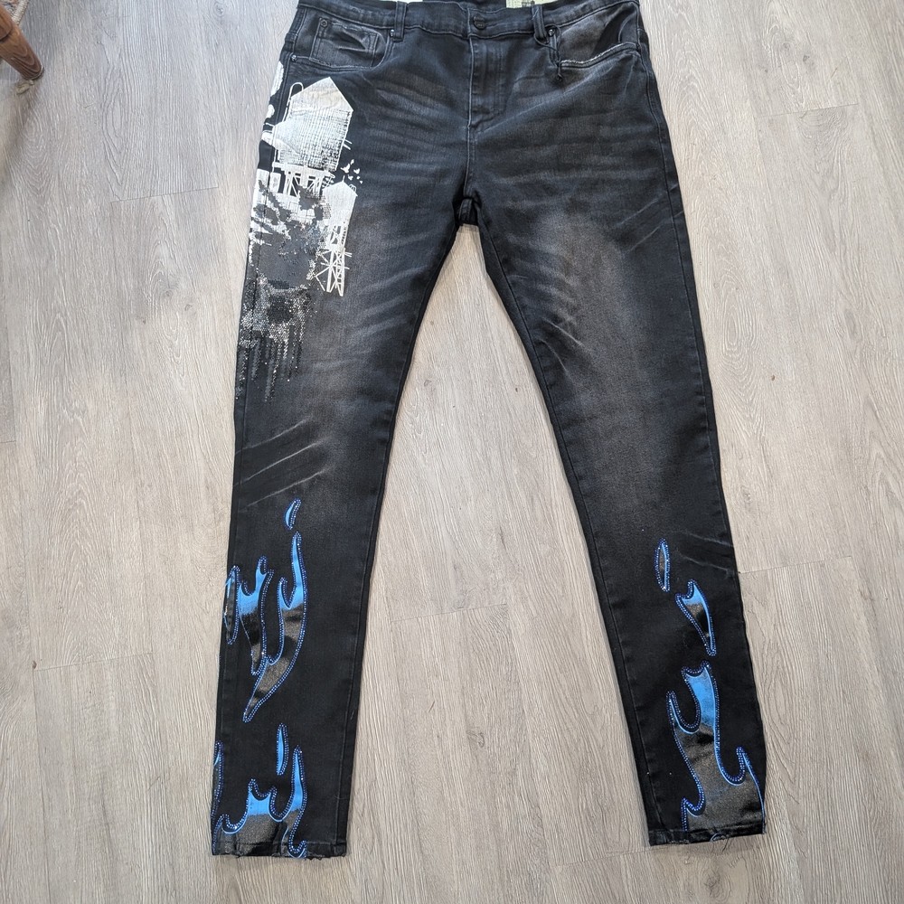 Buckle Industrial Indigo Skull Fire Black Embellished Distressed Jeans 38x34 New
